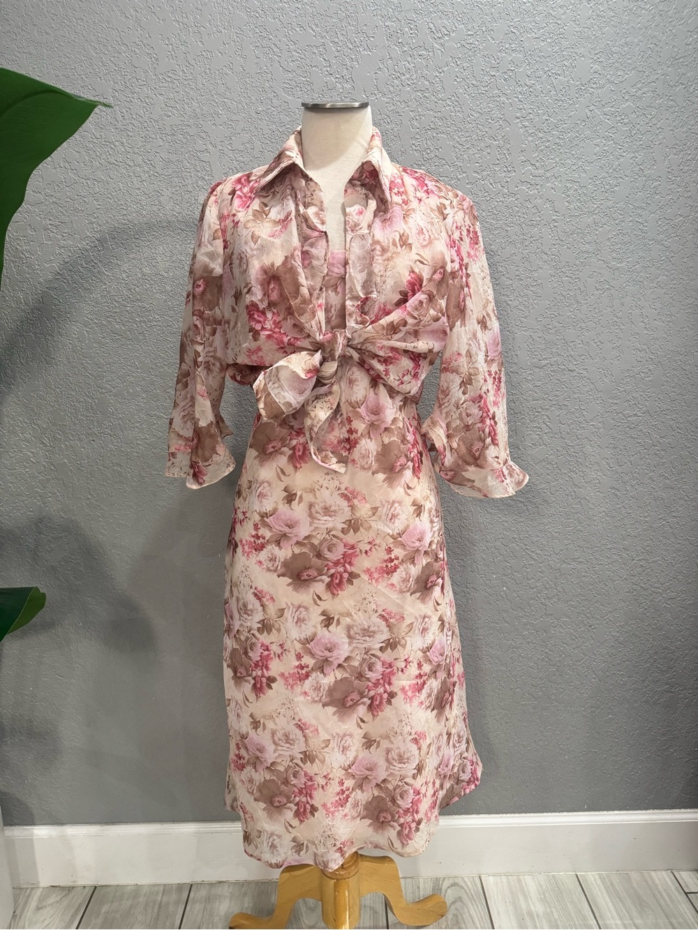 Floral Tie-Front Midi Dress in Pink and Cream